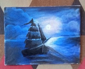 Lonely Boat in sea painting Homemade