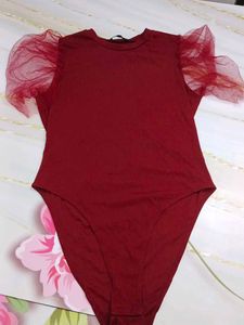 (100)Red Tulle Sleeve Bodysuit