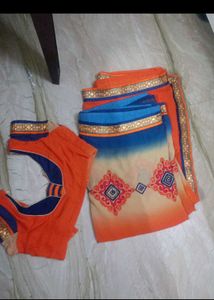 Orange & Blue Saree with Blouse
