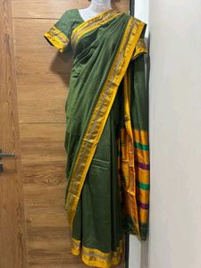 🌿 Elegant Green Cotton Silk Saree with Blouse🌿
