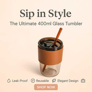 Stylish 400ml Glass Mug with Straw - Brown Sleeve