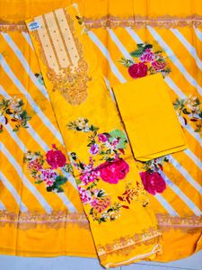 Yellow Floral &amp; Striped Unstitched Suit