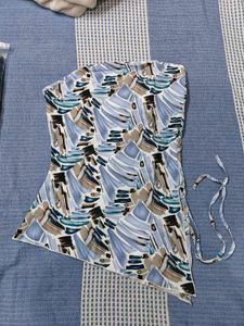 Strapless Slit Ruched Tie-Up Abstract Print Top