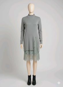 winter frendely Grey Dress with Lace Detail