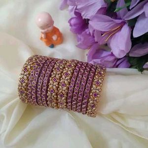Purple &amp; Gold Kundan Bangle Set