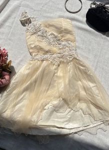 Crochet One Shoulder Pearl Embellished Organza Dre