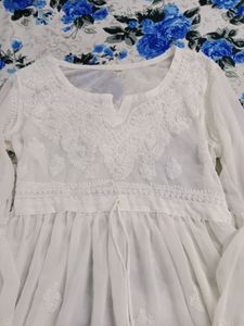 White Flared Chikankari Short Kurti
