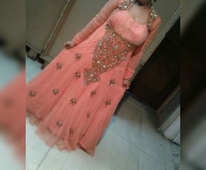 Designer Peach-Orange Gown with Embellished Bodice