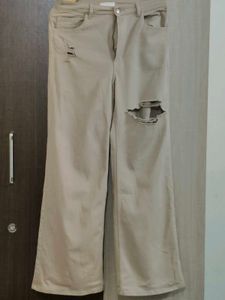 Beige Distressed Wide Leg Jeans