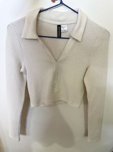 H&amp;M Ribbed Knit Collared V-Neck Top – Women