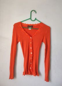 Coral Lace Trimmed Ribbed Top