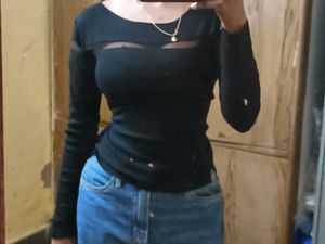 Ribbed Black Top With Net Detailing On Bust