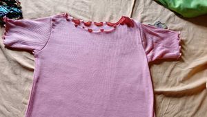Pink Ruffle Trim Ribbed Knit Top