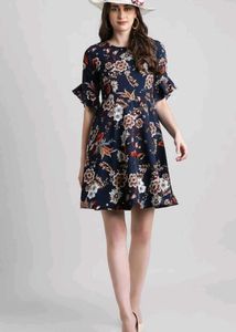 Women fit and flare navy blue floral dress