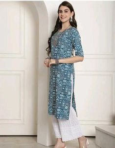 Teal Printed Kurti with White Palazzos