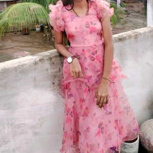 Pink Floral Ruffle Midi Dress