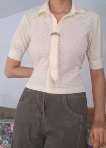 Vintage Cream Knit Top with Pearl Detail