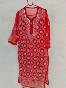 Red Embroidered Kurta