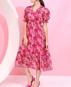 Floral Pink Midi Dress-XL Size
