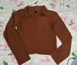 Brown V-Neck Long Sleeve Top