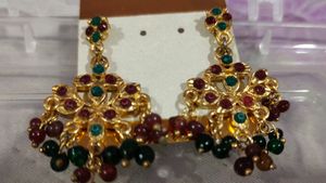 Traditional Wear Earrings With Red And Green Stone