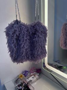 Lilac Faux Fur Beaded Shoulder Bag