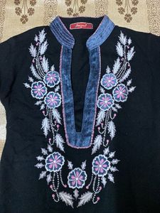 Jet Black Wollen Kurta With Embroidery