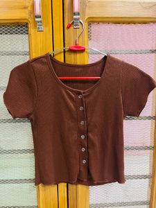 Brown Ribbed Button Top