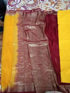 Maroon Mustard Banarasi Silk Saree With Petticoat