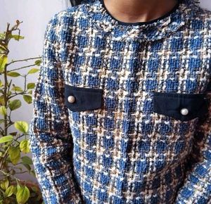 Blue Plaid Tweed Top