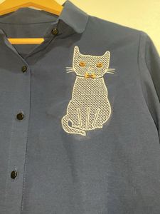 Navy Blue Crop Type Shirt With Cute Cat Print