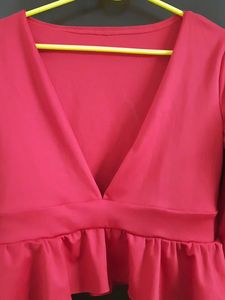 Red Ruffle Hem Long Sleeve Top