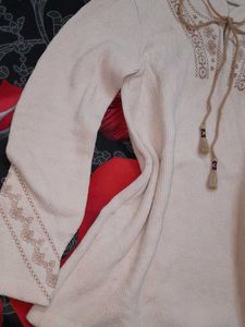 Embroidered Beige Long Sleeve Top