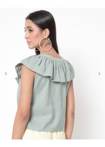 Rio Printed Button Down Top With Ruffles