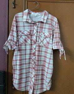 Peach And White Pl Shirt With Stylish Sleeves.