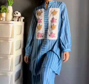 Blue Striped Floral Embroidered Pajama Set