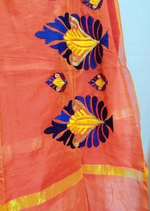 Coral Orange Blue Embroidery Dupatta