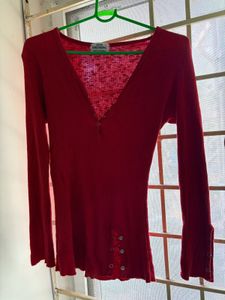 Red Ribbed Long Sleeve Top
