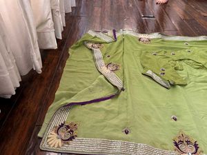 Olive Green Saree-Intricate Embroidery &amp; Blouse