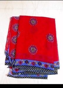 Red Floral Print Saree,One Time Used,