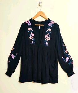 Black Embroidered Cotton Top Size-38