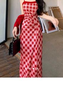 Red Gingham Maxi Dress with Slit