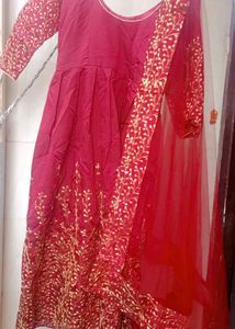 Burgundy & Gold Embroidered Anarkali Dress
