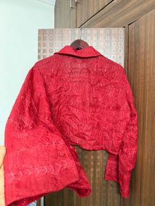 Red Cropped Embroidered Shirt