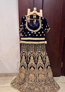 Navy Blue Peach Velvet Embroidered Lehenga Choli