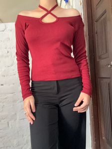 Red Off-Shoulder Long Sleeve Top