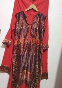 Coral & Brown Kurta Plazo For 32 Bust