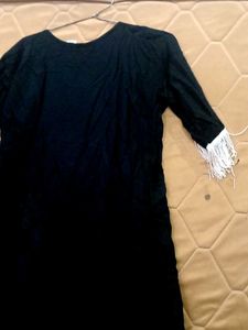 Black Embroidered Dress with Fringe Details