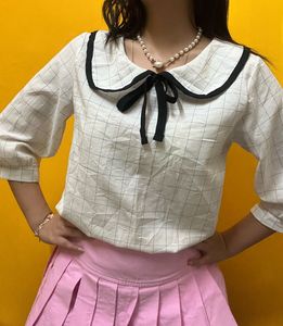 White Black Strip Korean Bow Top