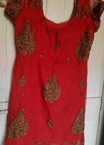 Red Net Embroidered Kurti Women